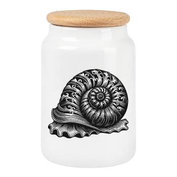 ornate ornamental snail in black and white - Cookie Jar with Wooden Lid - white - Front