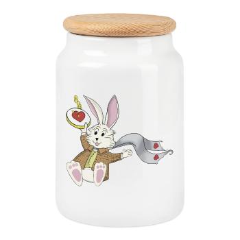 Late Again Clock Rabbit - Cookie Jar with Wooden Lid - white - Front