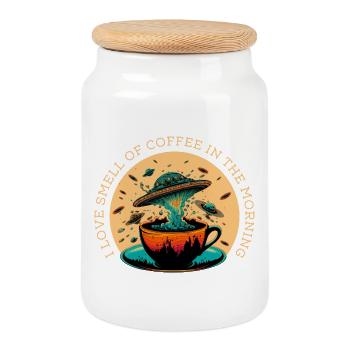 I Love Smell Of Coffee In The Morning - Cookie Jar with Wooden Lid - white - Front