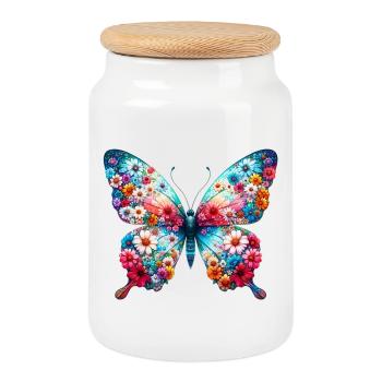 Papillon décoré de fleurs - Boîte à biscuits avec couvercle en bois - blanc - Devant
