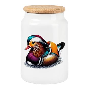 Mandarin duck - Cookie Jar with Wooden Lid - white - Front