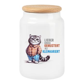 Lieber gross gemustert als kleinkariert - Cat - Keksdose mit Holzdeckel - Weiß - Vorne