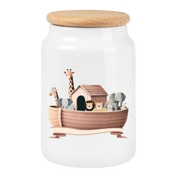 Cute Animal Illustration – Noah's Ark with Animals - Cookie Jar with Wooden Lid - white - Front