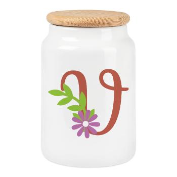 Elégante lettre 'V' avec des fleurs - Boîte à biscuits avec couvercle en bois - blanc - Devant
