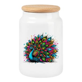Pfau - Keksdose mit Holzdeckel - Weiß - Vorne