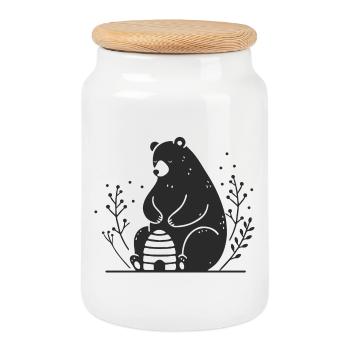 A gentle-looking brown bear with a beehive - Cookie Jar with Wooden Lid - white - Front