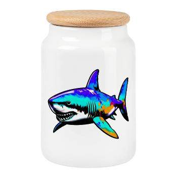 Requin - Boîte à biscuits avec couvercle en bois - blanc - Devant