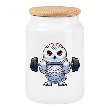 Owl Snowy Owl Workout Fitness Training - Cookie Jar with Wooden Lid - white - Front