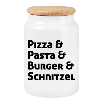 Pizza Pasta Burger und Schnitzel - Keksdose mit Holzdeckel - Weiß - Vorne
