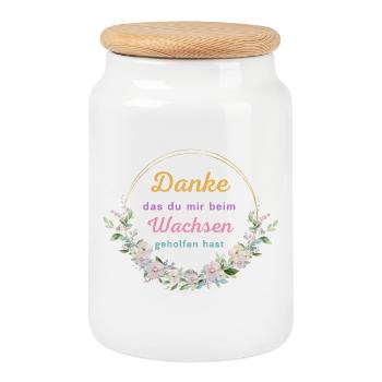 Danke das du mir beim Wachsen geholfen hast! - Keksdose mit Holzdeckel - Weiß - Vorne
