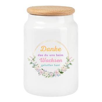 Danke das du uns beim Wachsen geholfen hast! - Keksdose mit Holzdeckel - Weiß - Vorne