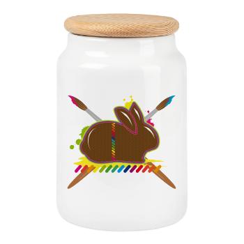 Ein bunter Osterhase mit Farbspritzern und Pinseln - Keksdose mit Holzdeckel - Weiß - Vorne