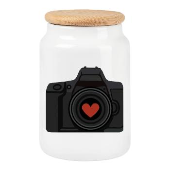 Fotoliebe-Kamera mit Herz für wahre Fotografiefans - Keksdose mit Holzdeckel - Weiß - Vorne