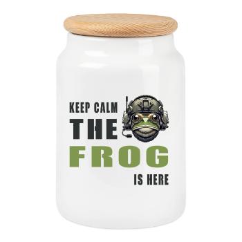 Fighting Frog – Keep Calm Style - Cookie Jar with Wooden Lid - white - Front