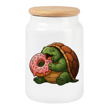 Cute Turtle with Donut Cartoon Dessert Fun - Cookie Jar with Wooden Lid - white - Front