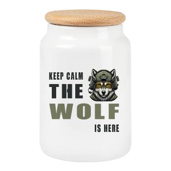 Keep Calm Wolf Is Here - Keksdose mit Holzdeckel - Weiß - Vorne