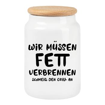 Wir müssen Fett verbrennen, schmeiss den Grill an - Keksdose mit Holzdeckel - Weiß - Vorne