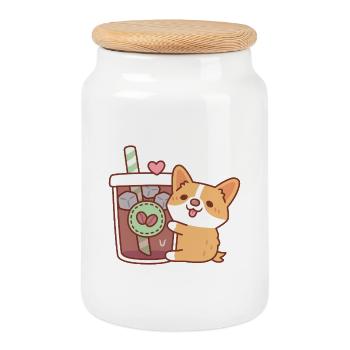 Mignon chiot corgi étreignant le café glacé - Boîte à biscuits avec couvercle en bois - blanc - Devant