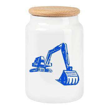 Excavator Silhouette Construction Worker Grunge Design - Cookie Jar with Wooden Lid - white - Front