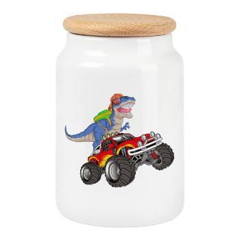 Dinosaur Monster Truck Adventure back to school - Cookie Jar with Wooden Lid - white - Front