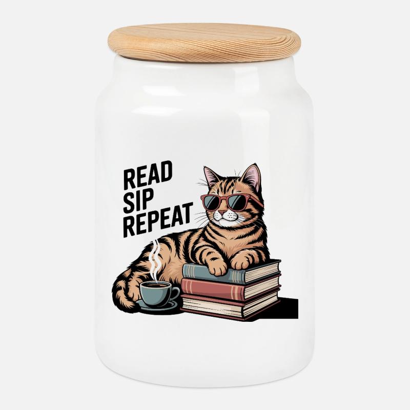Read Sip Repeat Cat Coffee Book - Cookie Jar with Wooden Lid - white
