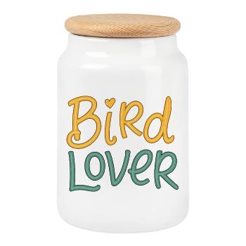 Vintage “Bird Lover” Quote Design - Cookie Jar with Wooden Lid - white - Front