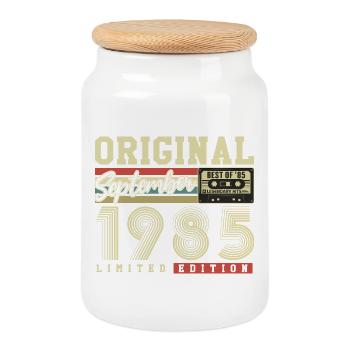 Original September 1985 Vintage Birthday Retro - Cookie Jar with Wooden Lid - white - Front