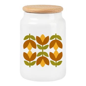 Geometric floral patterns in earth tones 70s - Cookie Jar with Wooden Lid - white - Front