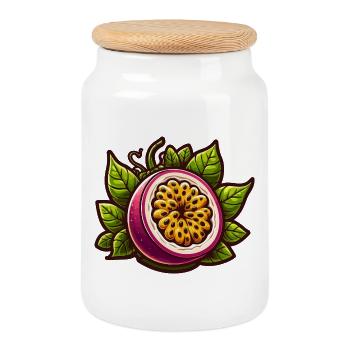 Illustration of Exotic Passion Flower Fruit - Cookie Jar with Wooden Lid - white - Front