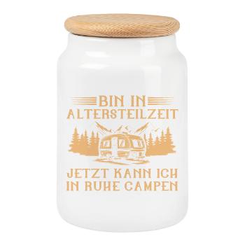 Bin in Altersteilzeit - Wohnwagen Camping Frührent - Keksdose mit Holzdeckel - Weiß - Vorne