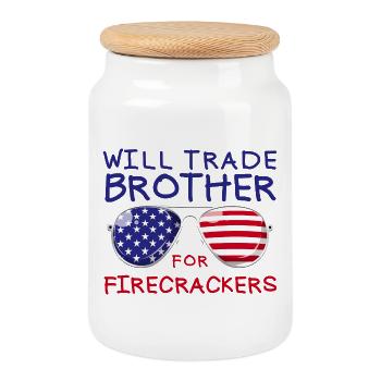 Trade brother for fireworks for children on July 4th - Cookie Jar with Wooden Lid - white - Front