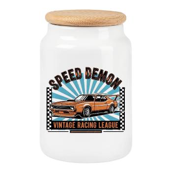 Vintage Rennwagen Speed Demon Design - Keksdose mit Holzdeckel - Weiß - Vorne