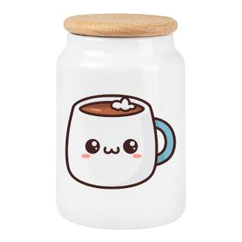 Tasse de chocolat chaud kawaii - Boîte à biscuits avec couvercle en bois - blanc - Devant