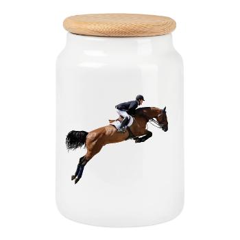 Dynamic show jumper at a gallop - Cookie Jar with Wooden Lid - white - Front