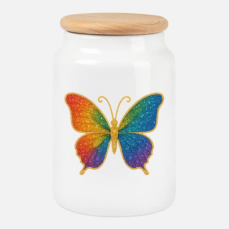 Glitzernder Regenbogen-Schmetterling - Keksdose mit Holzdeckel - Weiß