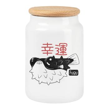 Fugu Fish - 'Good Luck' - Cookie Jar with Wooden Lid - white - Front