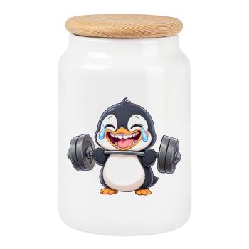 pingouin fort avec haltère fitness musculation - Boîte à biscuits avec couvercle en bois - blanc - Devant