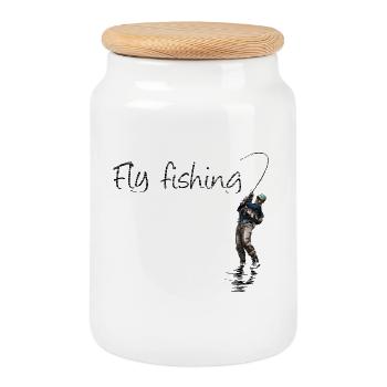 Fly fishing - Cookie Jar with Wooden Lid - white - Front