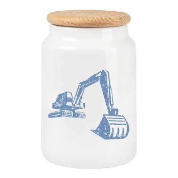 Excavator Silhouette Construction Worker Grunge Design - Cookie Jar with Wooden Lid - white - Front