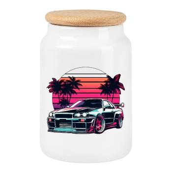 JDM car Japanese Retro Car Racing Drifting Legend - Cookie Jar with Wooden Lid - white - Front