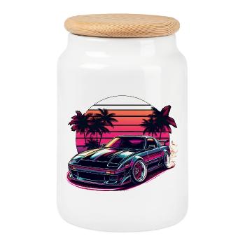JDM car Japanese Retro Car Racing Drifting Legend - Cookie Jar with Wooden Lid - white - Front
