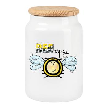 Bee Happy fröhliche Biene - Keksdose mit Holzdeckel - Weiß - Vorne