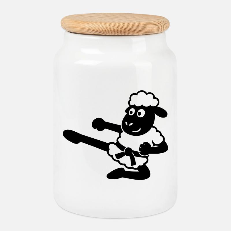 Karate Sheep - Cookie Jar with Wooden Lid - white