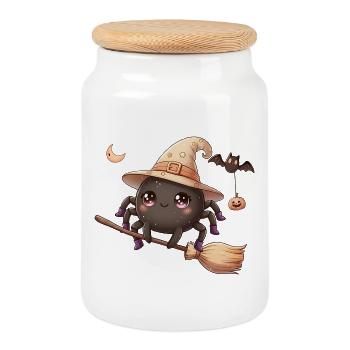 Araignée sorcière kawaii sur balai – Chemise d’Halloween - Boîte à biscuits avec couvercle en bois - blanc - Devant