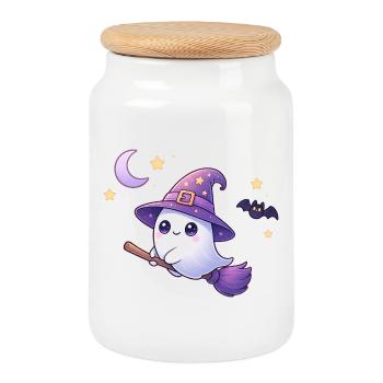 Fantôme de sorcière kawaii sur balai – Chemise d’Halloween - Boîte à biscuits avec couvercle en bois - blanc - Devant