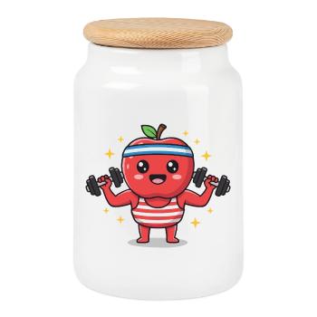 Cartoon Fitness Fruit Sport Artwork - Cookie Jar with Wooden Lid - white - Front