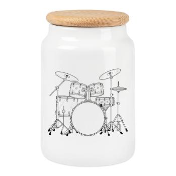 Black and White Drumset Sketch - Cookie Jar with Wooden Lid - white - Front