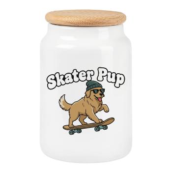 Chiot patineur sur planche à roulettes - Boîte à biscuits avec couvercle en bois - blanc - Devant