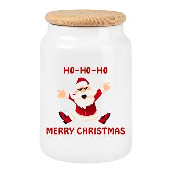 Père Noël qui saute - Boîte à biscuits avec couvercle en bois - blanc - Devant