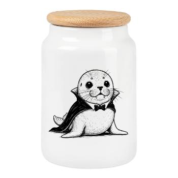 Dessin animé bébé phoque en costume de vampire - Boîte à biscuits avec couvercle en bois - blanc - Devant